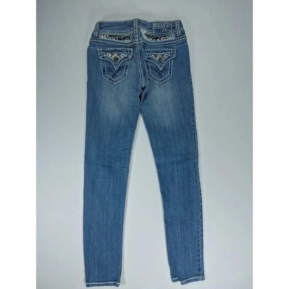 Grace In LA Women's Size 3 Light Wash Denim Jeans Rhinestone Embroidered